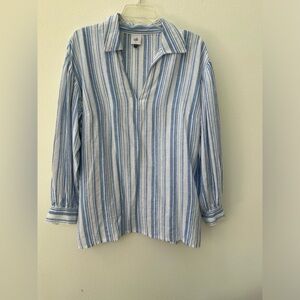 Cabi size S blue and white striped linen v necked blend blouse